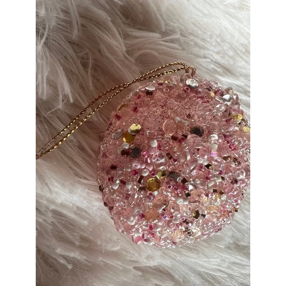 Pink Sparkly Beaded Christmas Tree Ornaments Set of 5 Gold Shimmering Baubles